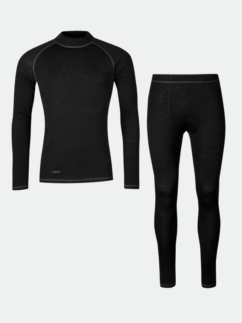 Das Halti Neva Merino Unterwäsche Set Herren in Schwarz, perfekt als warme Basisschicht für Outdoor-Aktivitäten.