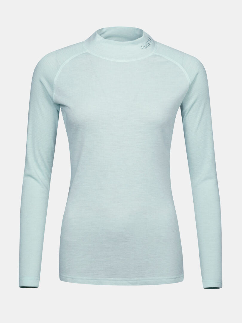 Hellblaues, langärmeliges Neva Merino-Unterwäsche-Set für Damen – Unterhemd mit Stehkragen.