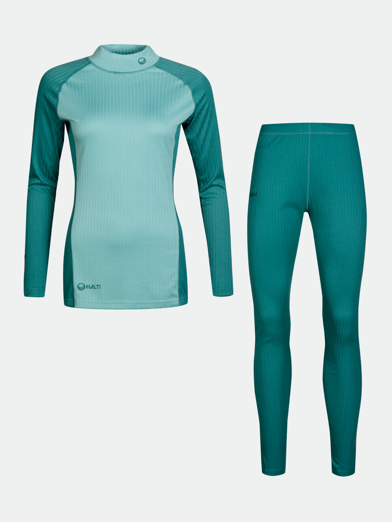 Das Halti Dual Baselayer Set Damen in teal und mint, aus recyceltem Polyester, ist ideal für Outdoor-Aktivitäten.