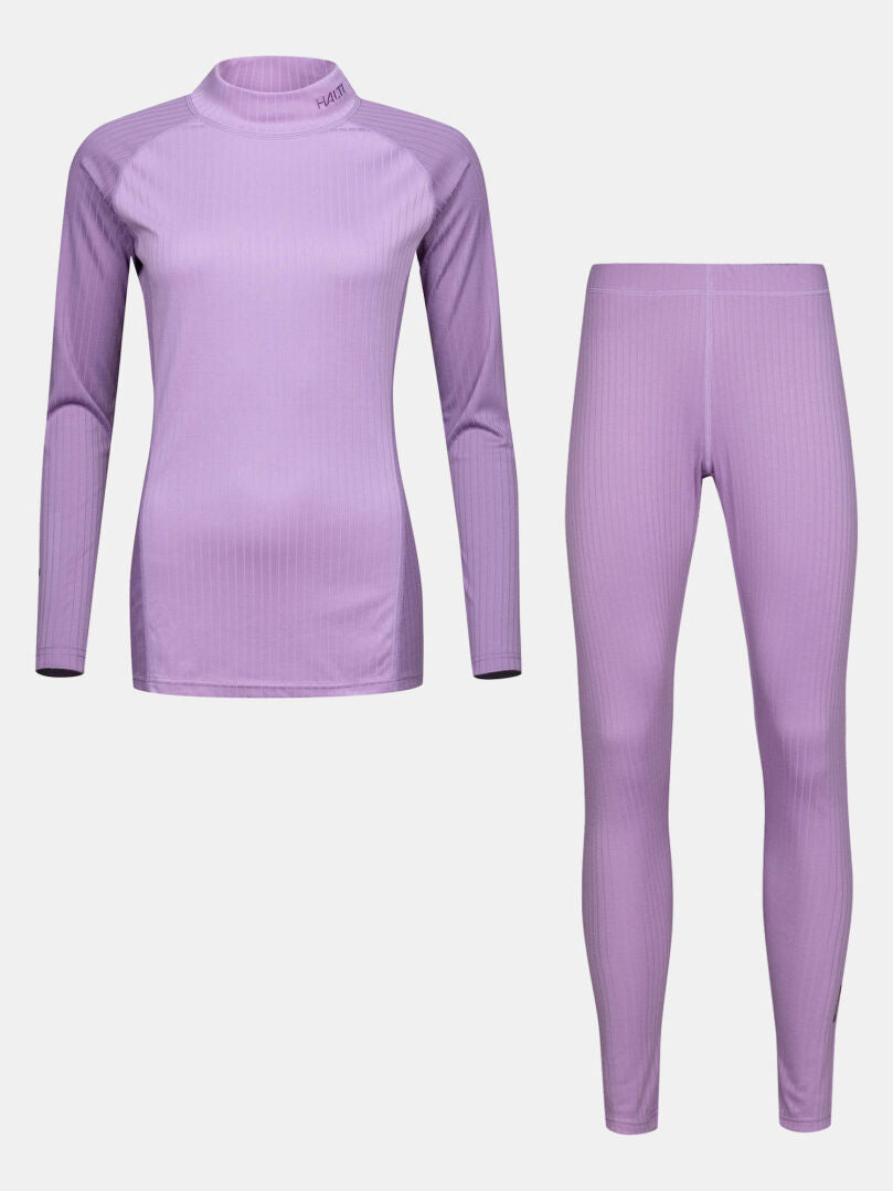 Das lilafarbene Dual-Baselayer-Set für Damen von Halti aus recyceltem Polyester – perfekt für Outdoor-Aktivitäten.