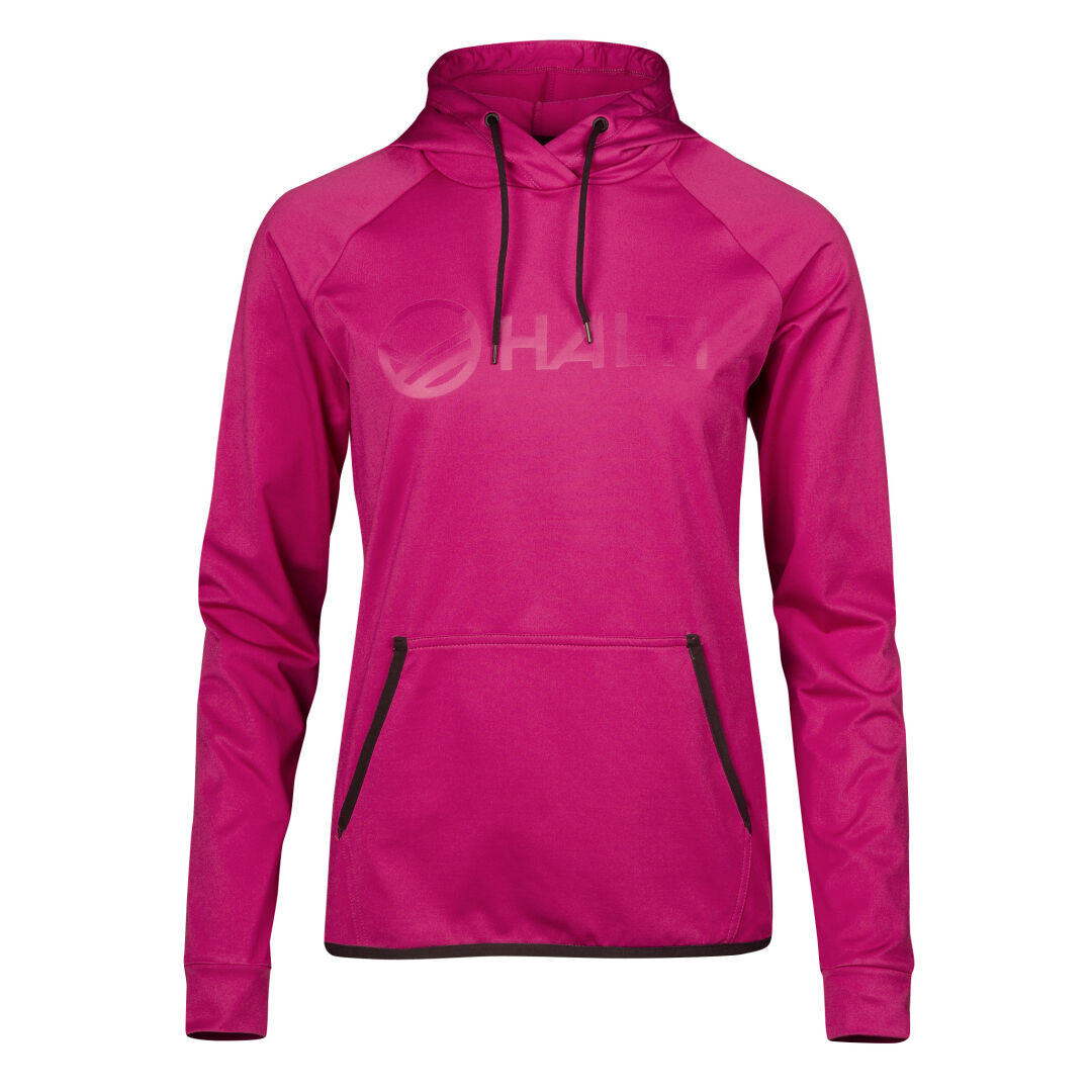 Der Veidnes Damen Hoodie von Halti ist leuchtend pink mit schwarzem Besatz, aus recyceltem Polyester und einem schwachen Halti-Logo.