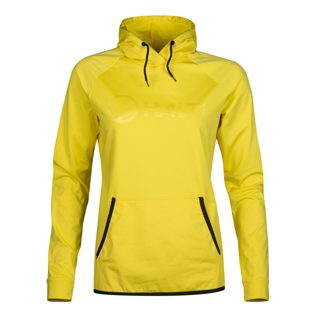 Halti Veidnes Damen-Hoodie aus leuchtend gelbem Active Dry-Stoff mit schwarzem Besatz, abgebildet auf einfarbigem Hintergrund.