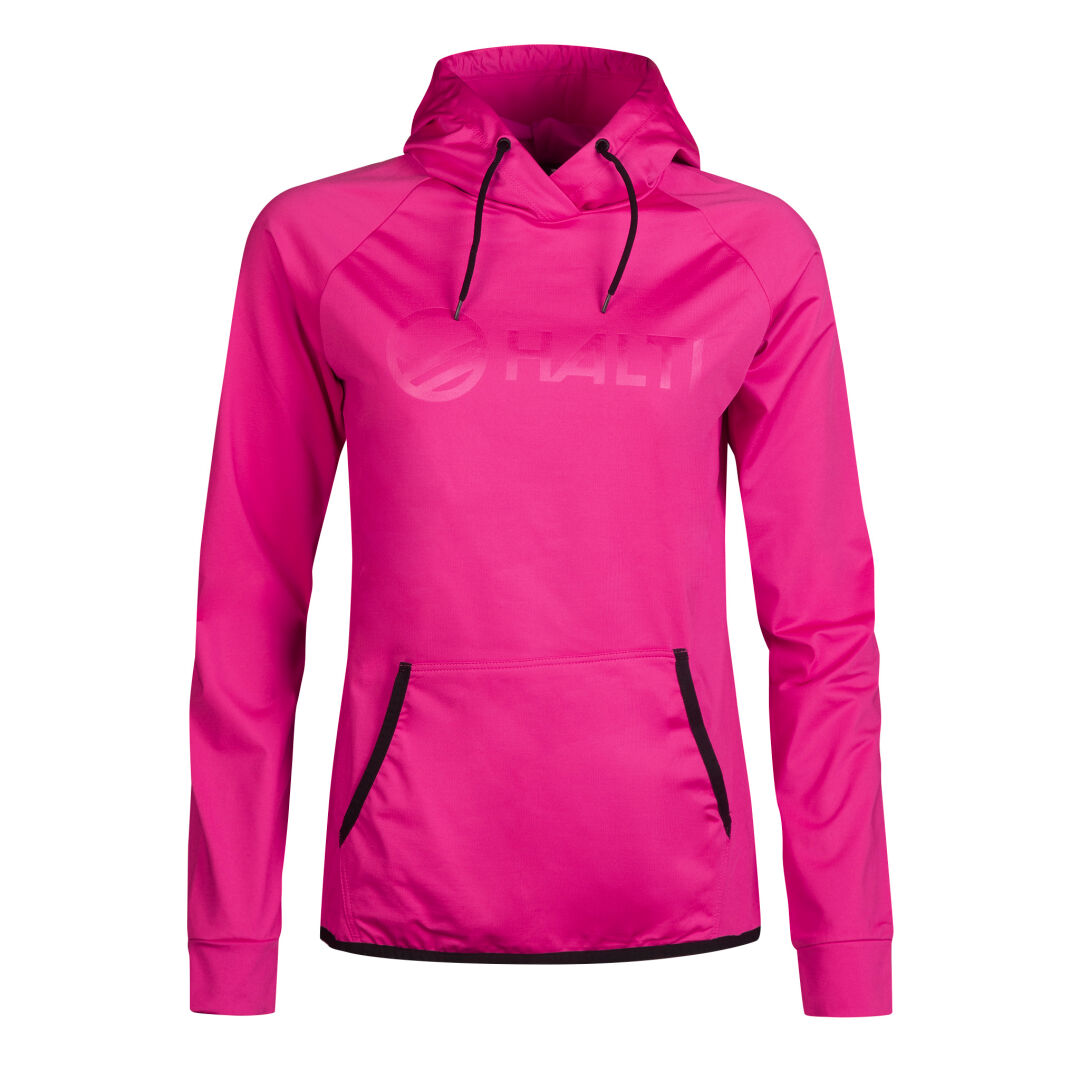 Der Halti Veidnes Damen Hoodie ist leuchtend pink, mit schwarzen Kordeln, Active Dry-Material und einer Vordertasche.