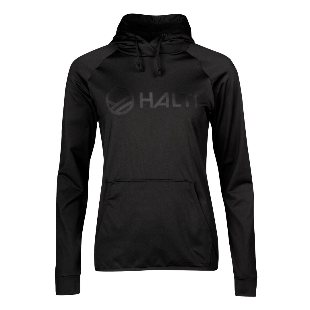 Der Veidnes Damen Hoodie von Halti ist ein schwarzer Langarm-Hoodie mit Logo, Fronttasche und recyceltem Polyester.