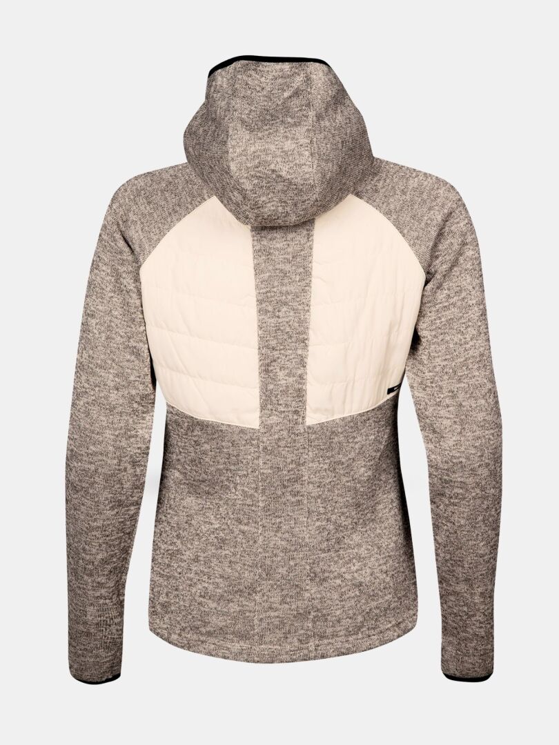 Die Halti Streams Hybrid Midlayer Jacke Damen in grau mit cremefarbenem Stepprücken, ideal für Outdoor-Aktivitäten, von hinten gesehen.