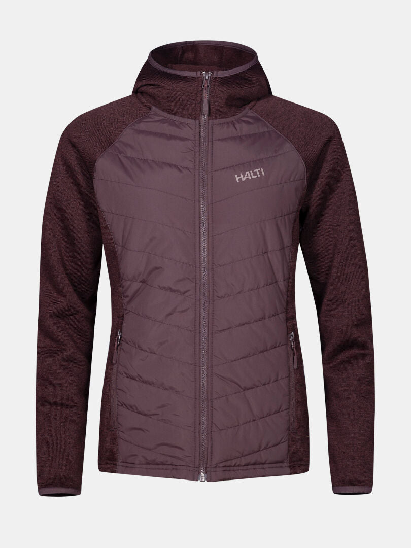 Die Halti Streams Hybrid Midlayer Jacke Damen: kastanienbraunes Zip-up-Fleece mit Kapuze, gesteppte Vorderseite - ideal für Outdoor-Aktivitäten.