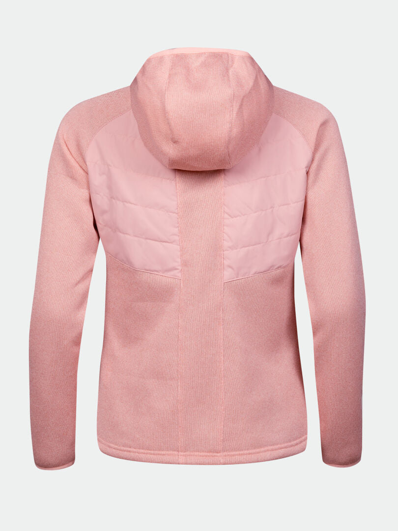Die Halti Streams Hybrid Midlayer Jacke Damen in Pink hat gesteppte Einsätze und lange Ärmel, hier von hinten.