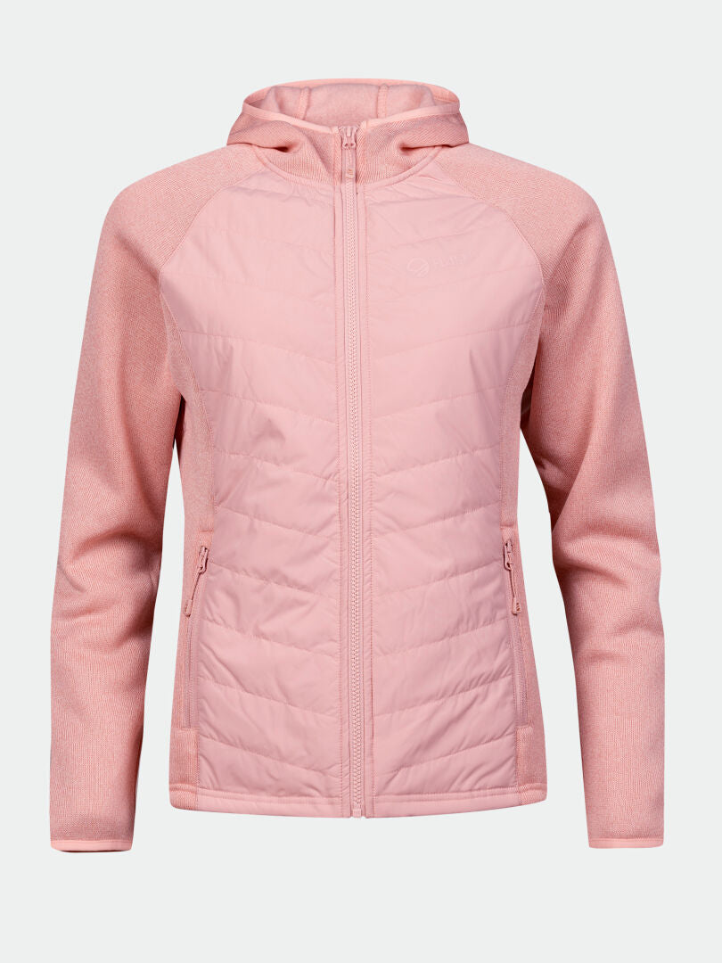 Die Halti Streams Hybrid Midlayer Jacke Damen-hellrosa, mit Kapuze, gesteppter Vorderseite, Reißverschlusstaschen-ideal für Outdoor-Spaß.