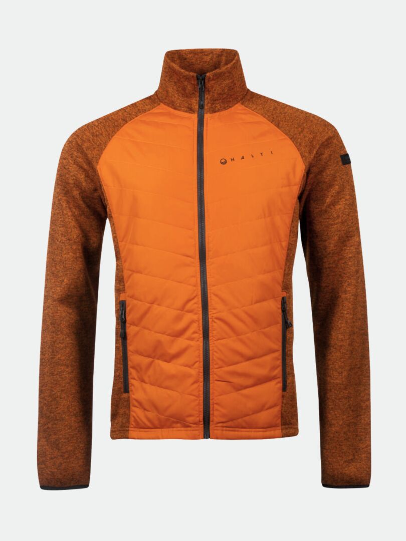 Halti Streams Hybrid Layer Jacke Herren in Orange/Braun mit 2 Reißverschlusstaschen und hohem Kragen, ideal für Outdoor.