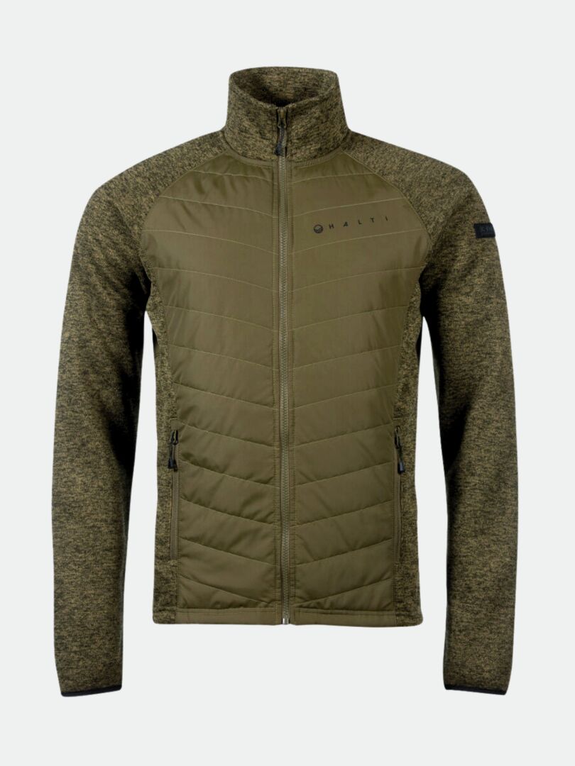 Die Halti Streams Hybrid Layer Jacke Herren in Grün mit gesteppten Frontpanelen und zwei Reißverschlusstaschen.