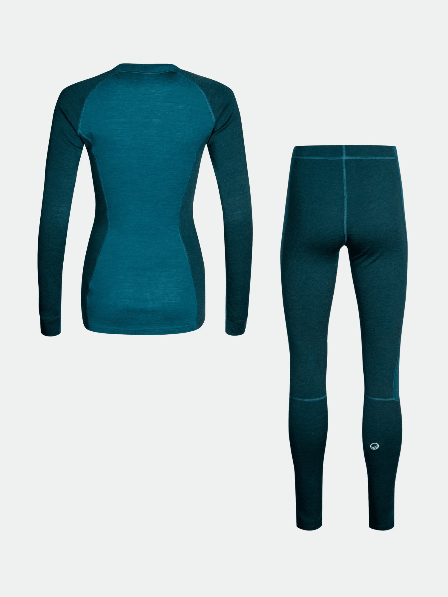 Das Halti Hossa Merino Unterwäsche Set Damen in teal und dunkelblau wird von hinten vor einem einfarbigen Hintergrund gezeigt.