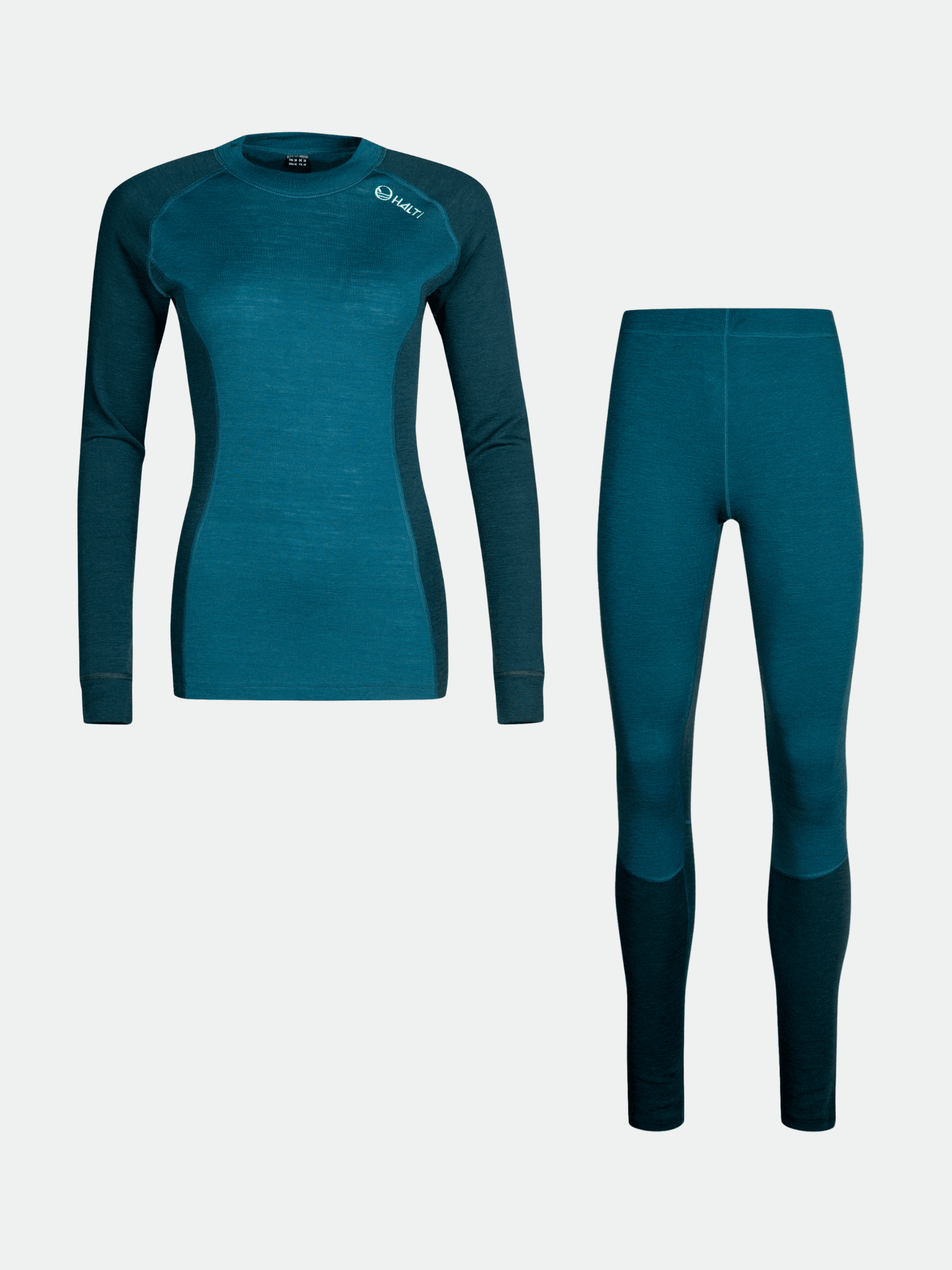 Halti Hossa Merino Unterwäsche Set Damen in teal, langärmlig, auf einfarbig hellgrauem Hintergrund.