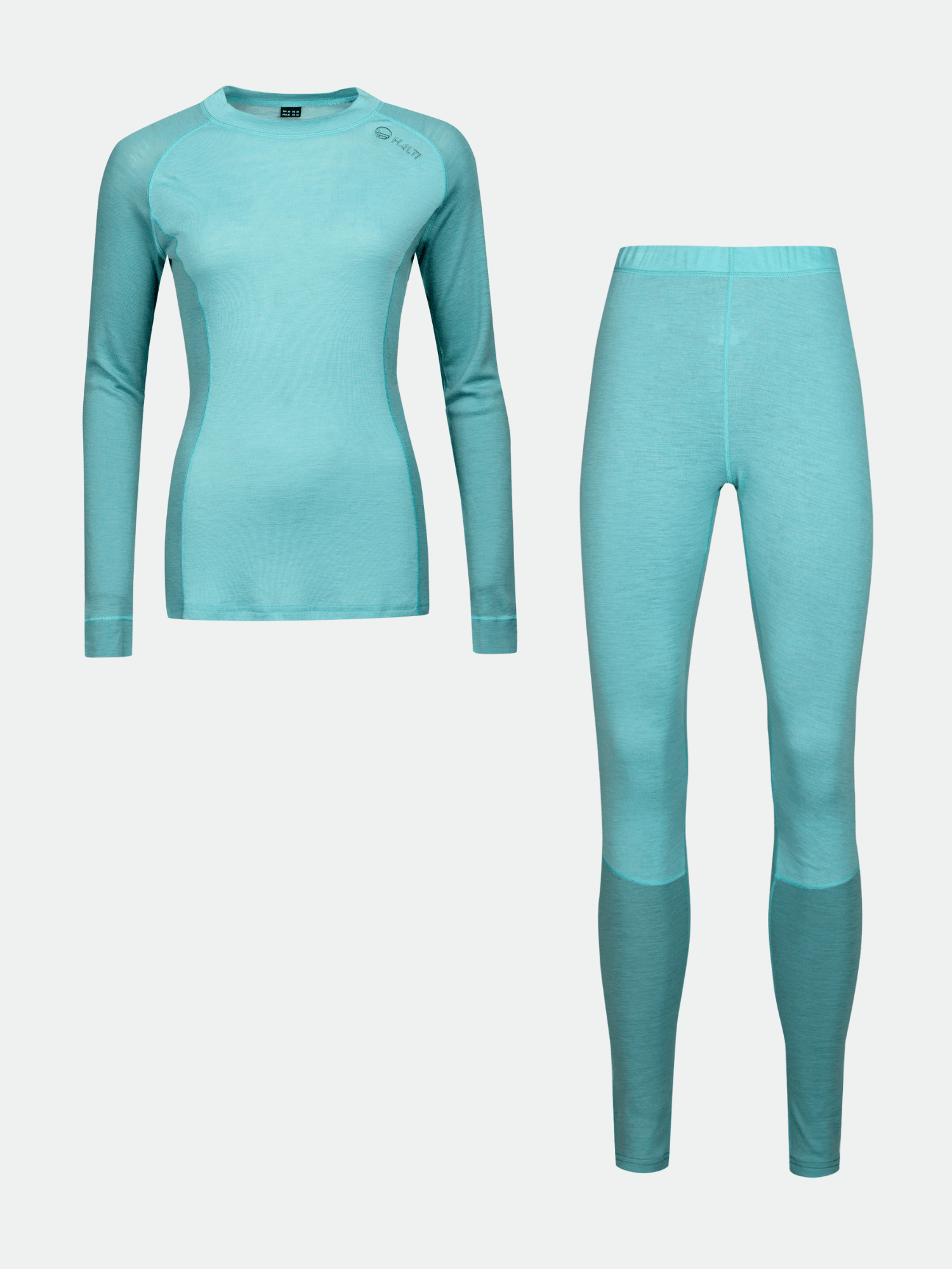 Das Hossa Merino Unterwäsche Set Damen von Halti in Aqua Blue aus mulesingfreier Merinowolle vor weißem Hintergrund.