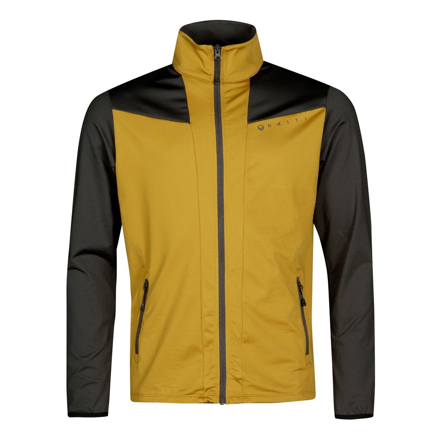Halti Crosser Midlayer Jacke Herren in Gelb/Schwarz mit Active Dry-Fleece, langen Ärmeln, hohem Kragen – ideal für draußen.
