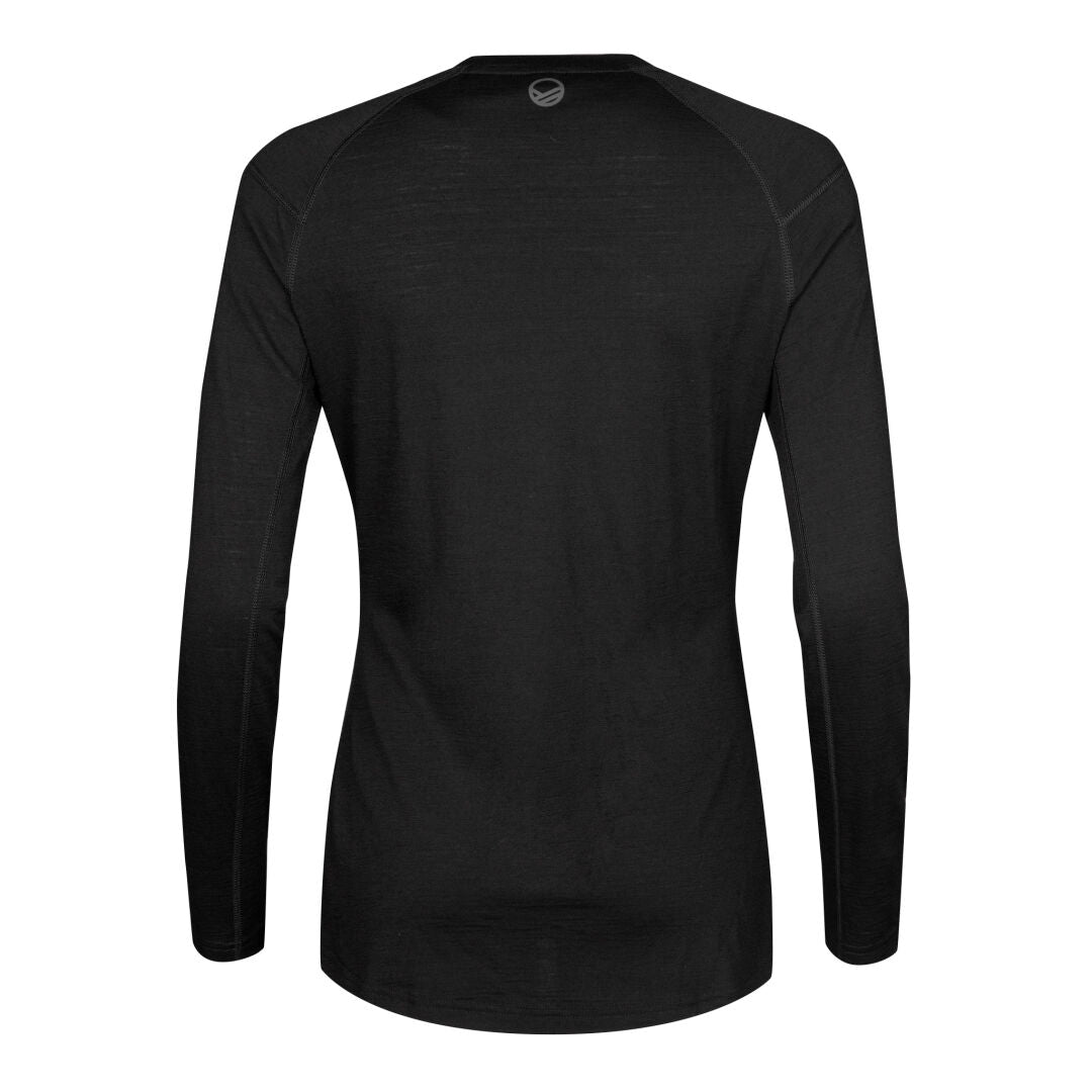 Das Halti Pihka II Merinowolle Shirt Damen, schwarz, mit Rundhalsausschnitt und Logo am Kragen, von hinten gezeigt.