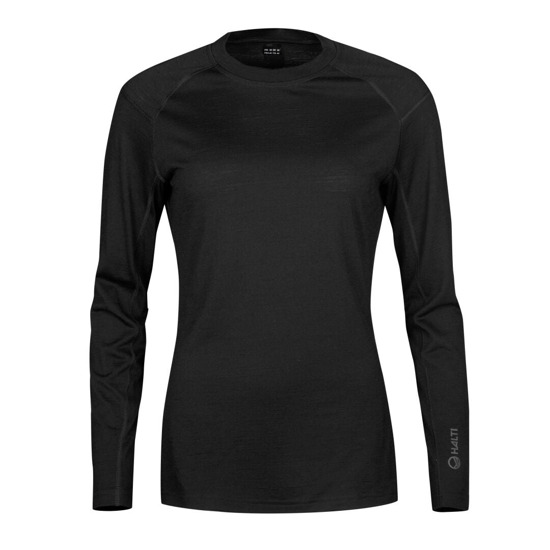 Das schwarze, taillierte Halti Pihka II Merinowolle-Shirt für Damen hat lange Ärmel und ist aus antibakterieller Merinowolle.