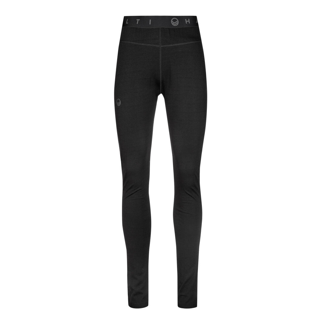 Halti Pihka II Damen Unterhosen: schwarze Merinowolle-Leggings mit dezentem Branding und Logo am linken Oberschenkel.
