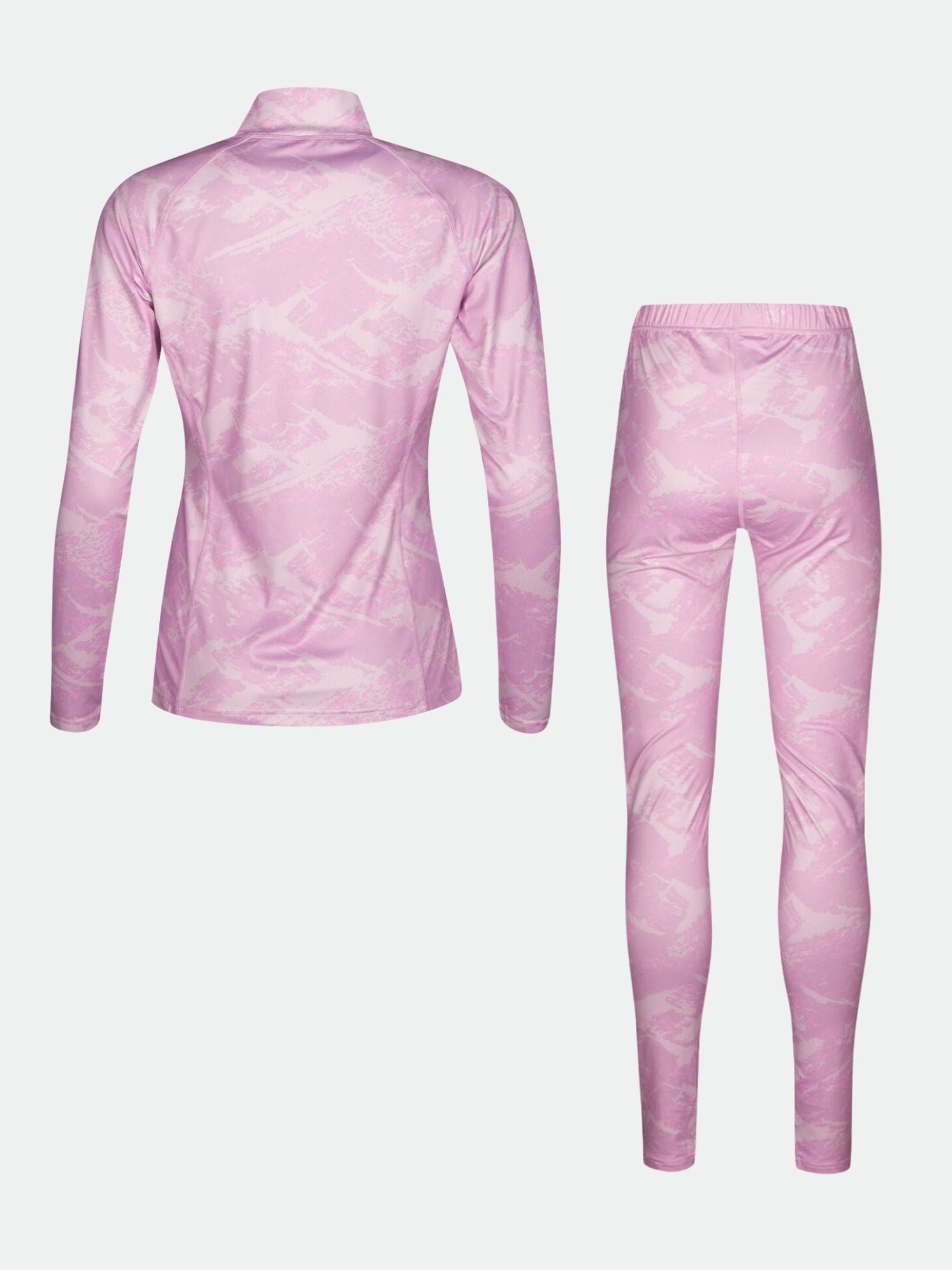Rückansicht des Halti Windfire Baselayer Set Damen in rosa mit abstraktem Muster, ideal für Outdoor-Sportarten.