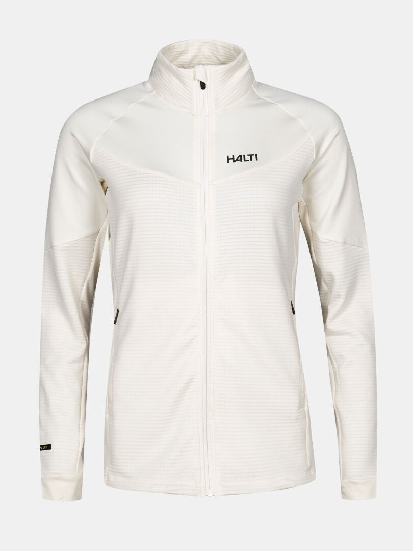 Die Halti HeatGrid Midlayer Jacke Damen ist weiß mit langen Ärmeln, Reißverschlusstaschen und Logo - ideal für Wanderungen.