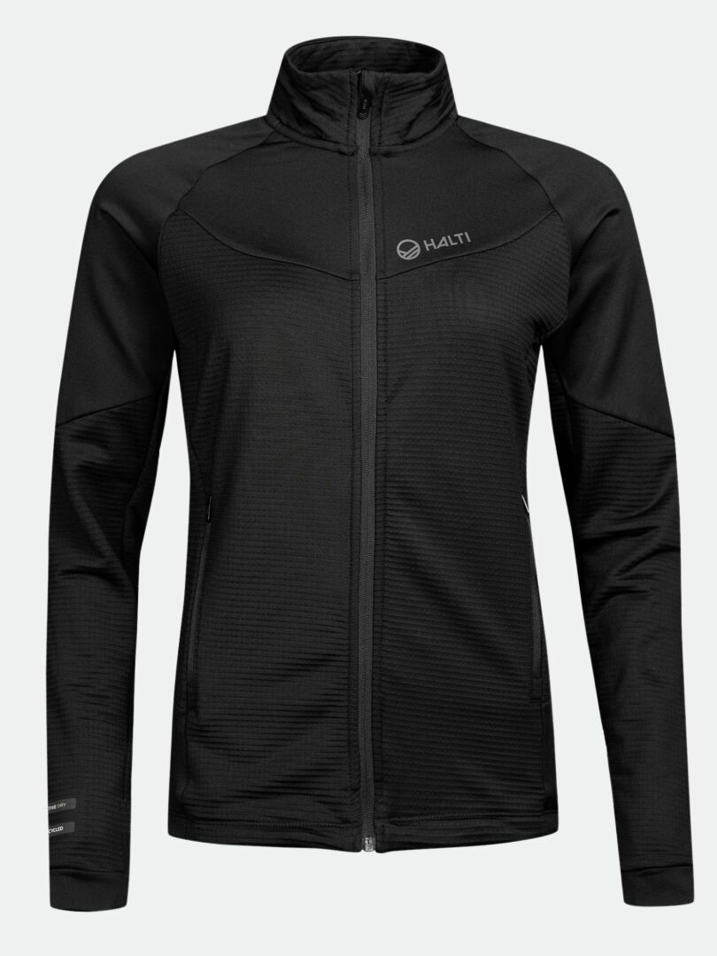 Eine schwarze Halti HeatGrid Midlayer Jacke Damen mit langen Ärmeln, hohem Kragen und dezentem Logo-ideal für Wanderungen.