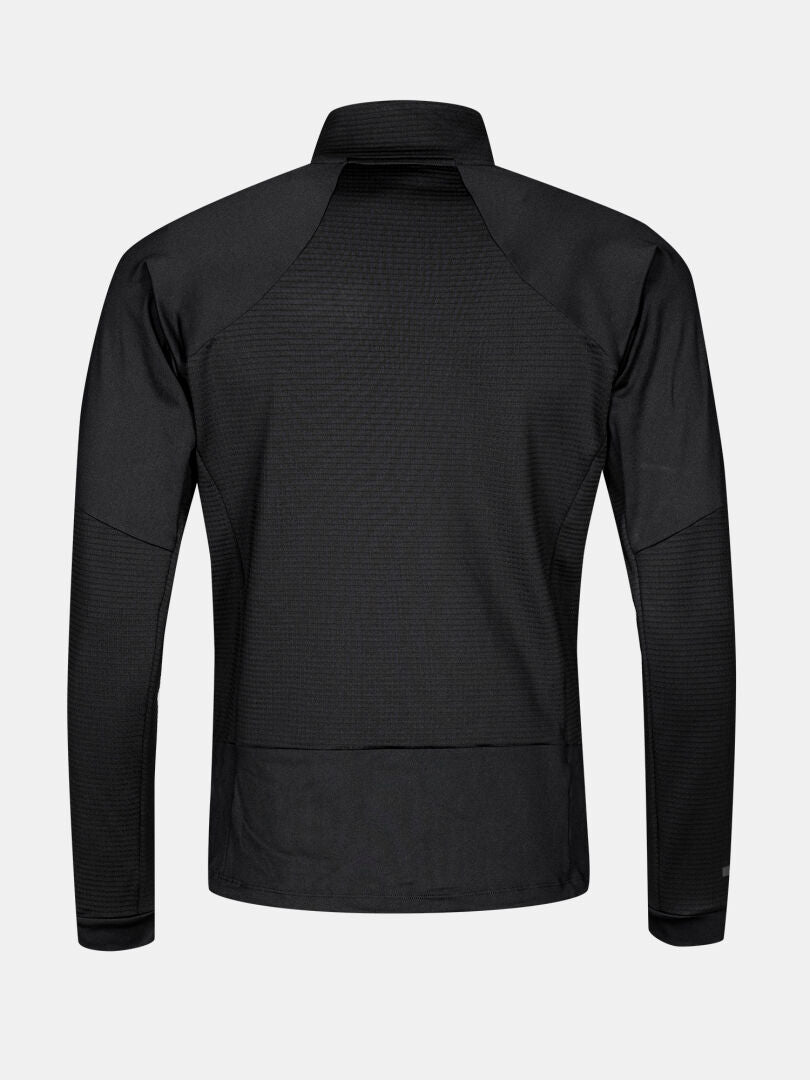 Die Halti HeatGrid Midlayer Jacke Herren in schwarz, dargestellt von hinten auf einem schlichten hellgrauen Hintergrund.