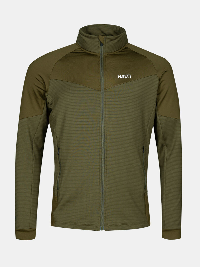 Grüne HeatGrid Midlayer Jacke Herren von Halti aus recyceltem Polyester mit zwei Zippertaschen und Logo auf der Brust.