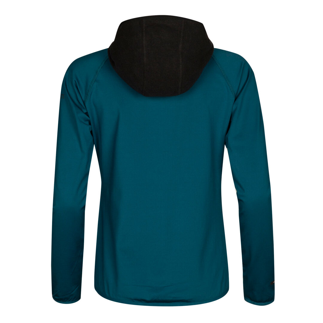 Der Halti Circuit II Hoodie Damen in Petrol mit schwarzer Kapuze, Active Dry-Material, von hinten auf Weiß abgebildet.