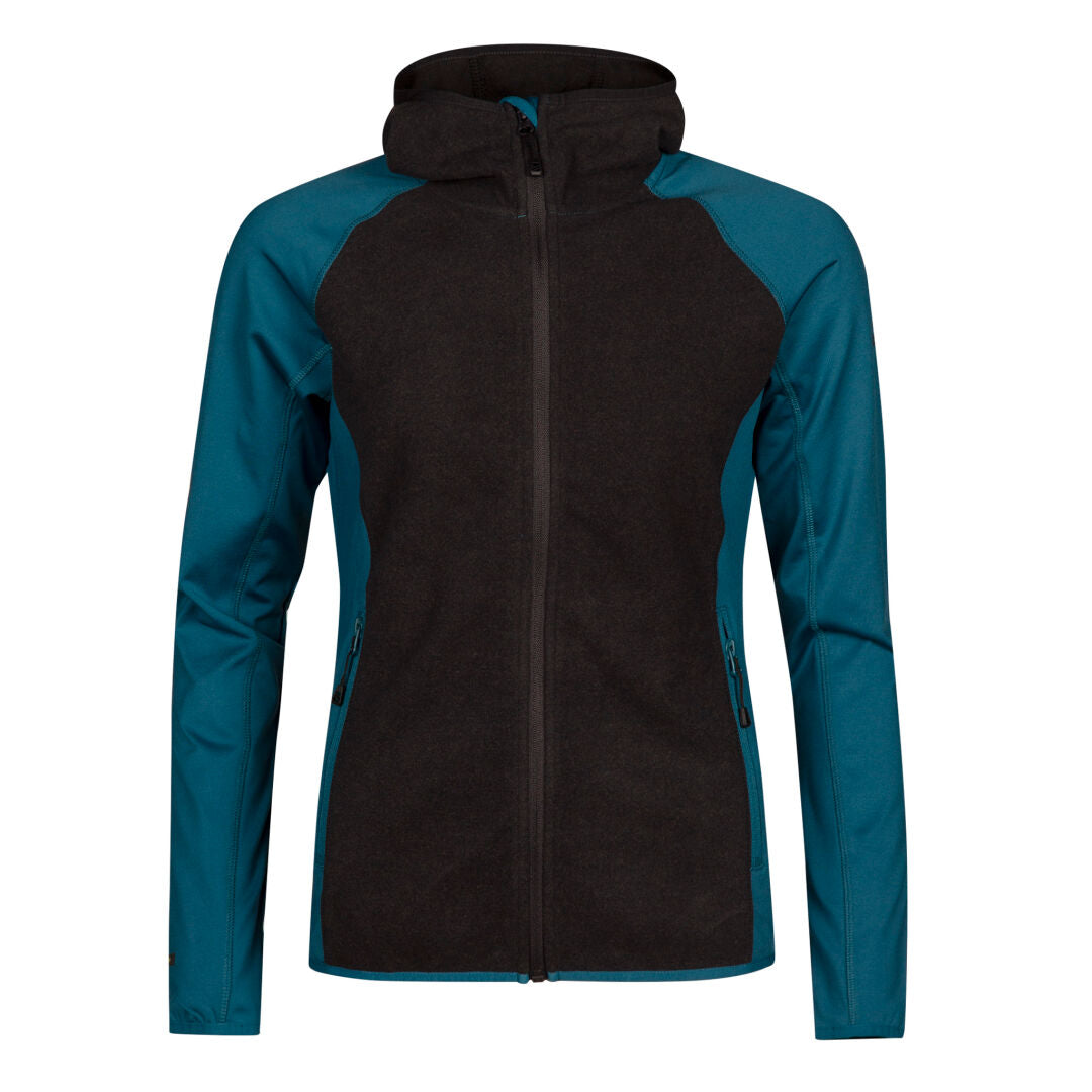 Eine Vorderansicht des Halti Circuit II Hoodie Damen in Blaugrün und Schwarz, mit Reißverschluss, perfekt für Outdoor-Aktivitäten.