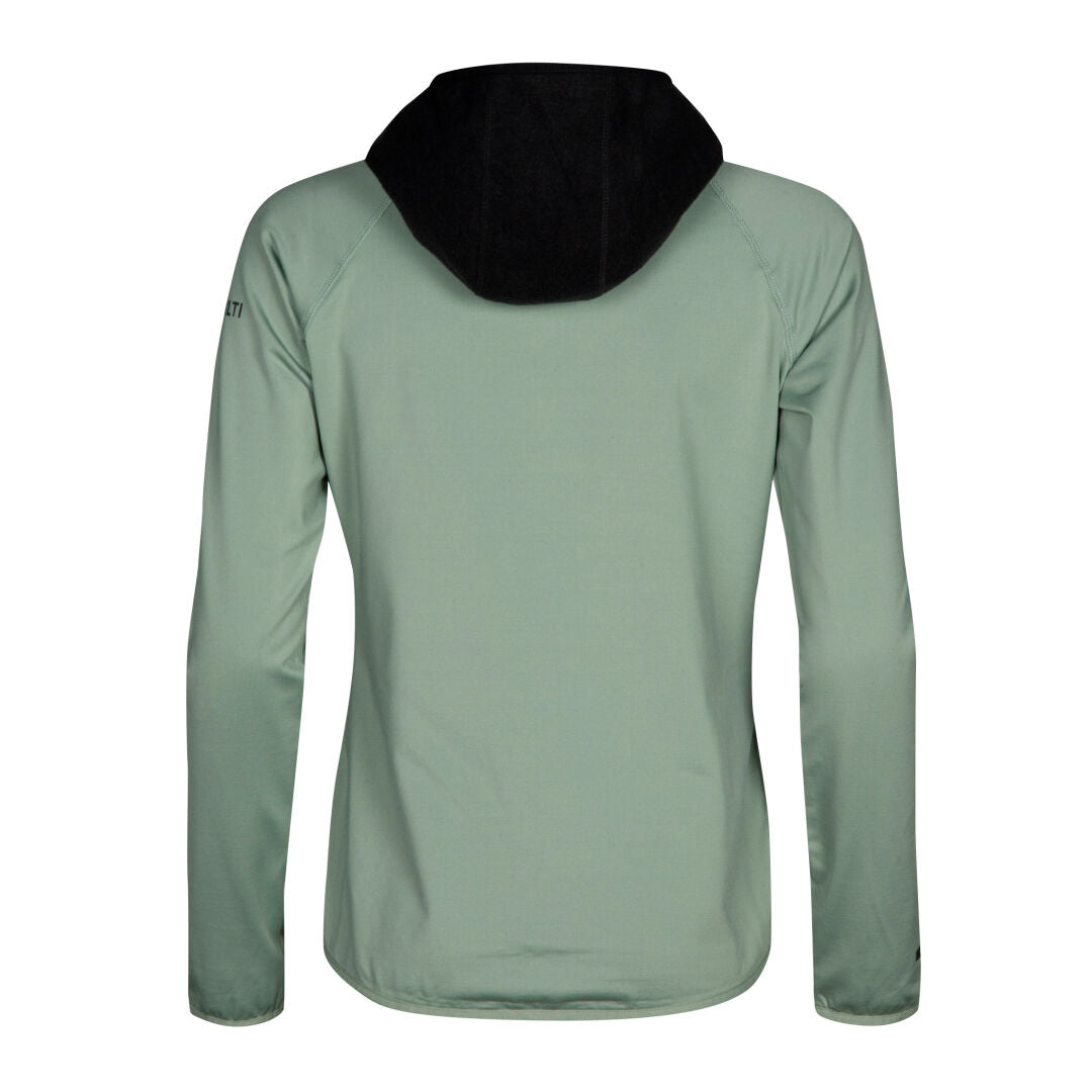 Der Halti Circuit II Hoodie Damen, hellgrün mit schwarzer Kapuze, ideal für draußen, von hinten auf weiß dargestellt.