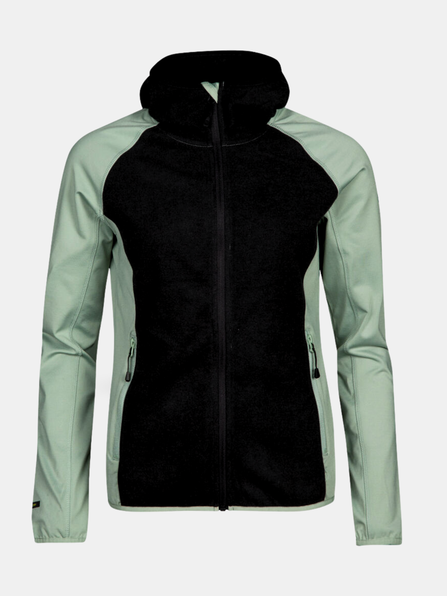 Der Halti Circuit II Hoodie Damen hat hellgrüne Ärmel, eine Kapuzenjacke mit Kapuze, schwarze Einsätze und einen Frontreißverschluss.
