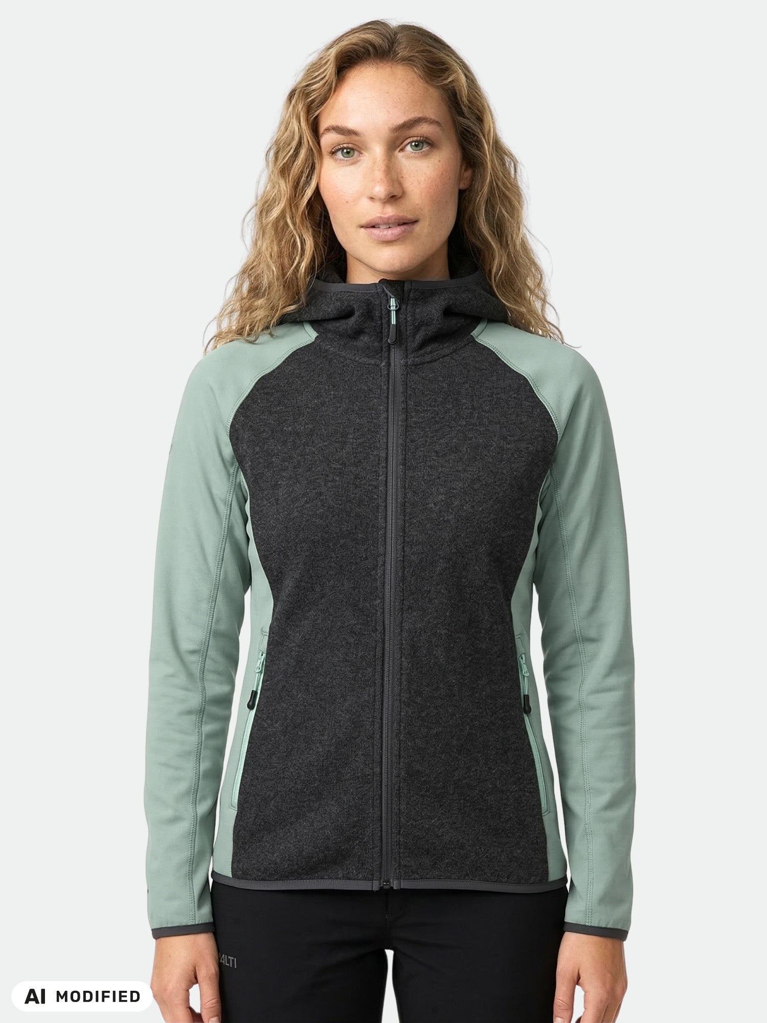 Damen-Hoodie „Woman in Halti Circuit II“, Ärmel in Salbeigrün, Vorderseite in Dunkelgrau, aus Active Dry-Material gefertigt.