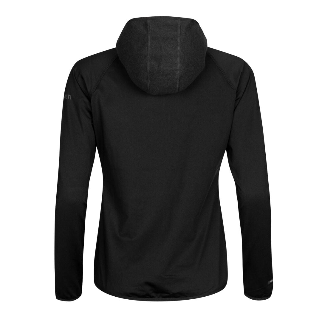 Halti Circuit II Hoodie Damen in Schwarz, von hinten gezeigt mit langen Ärmeln und Active Dry-Gewebe am linken Ärmel.