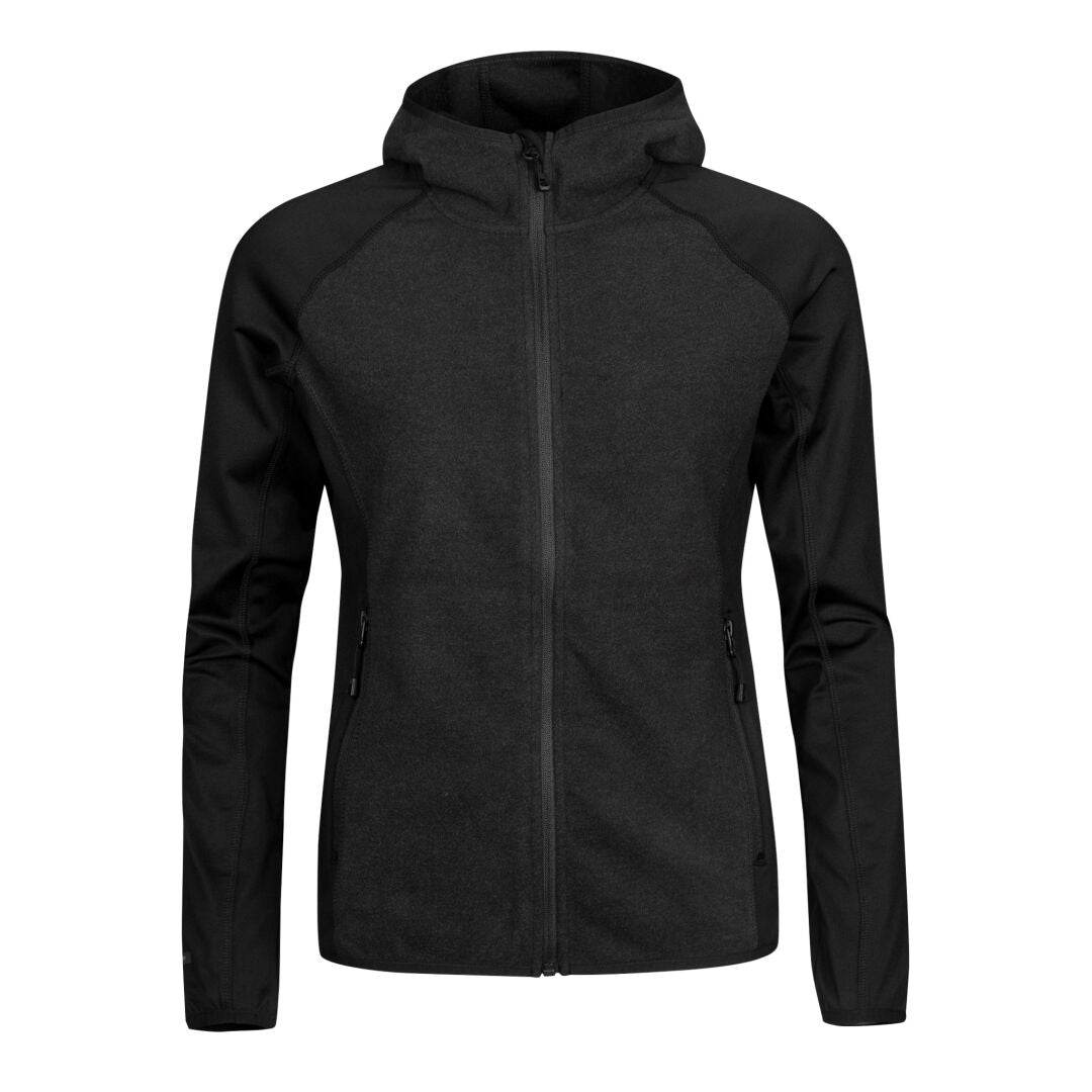 Halti Circuit II Hoodie Damen: Schwarze Midlayer-Jacke mit Kapuze, Active Dry-Material, zwei Reißverschlusstaschen.