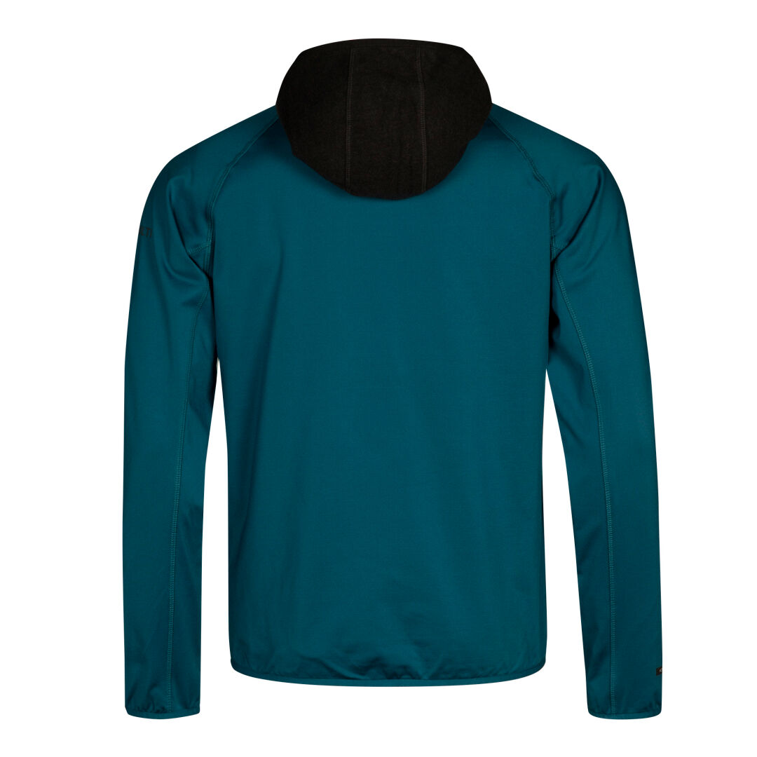 Der Halti Circuit II Hoodie Herren ist eine blaugrüne Zwischenschicht mit schwarzer Kapuze, perfekt für Outdoor-Aktivitäten.