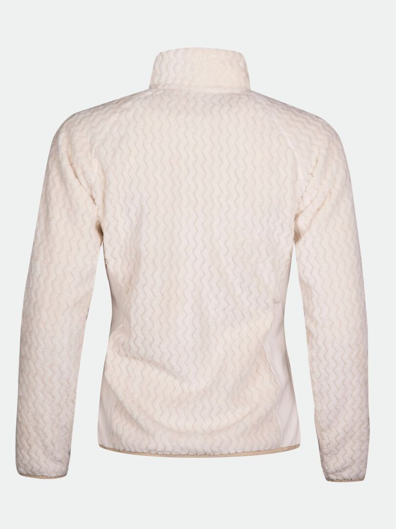 Der Halti Thermel Midlayer Damen in creme, mit langen Ärmeln, Wellenmuster und Stehkragen von hinten gesehen.