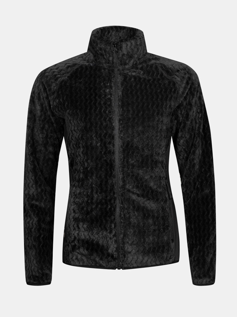 Halti Thermel Midlayer Damen-schwarze Zip-up Jacke mit Zickzack-Struktur, langen Ärmeln und hohem Kragen auf einfarbigem Grund.