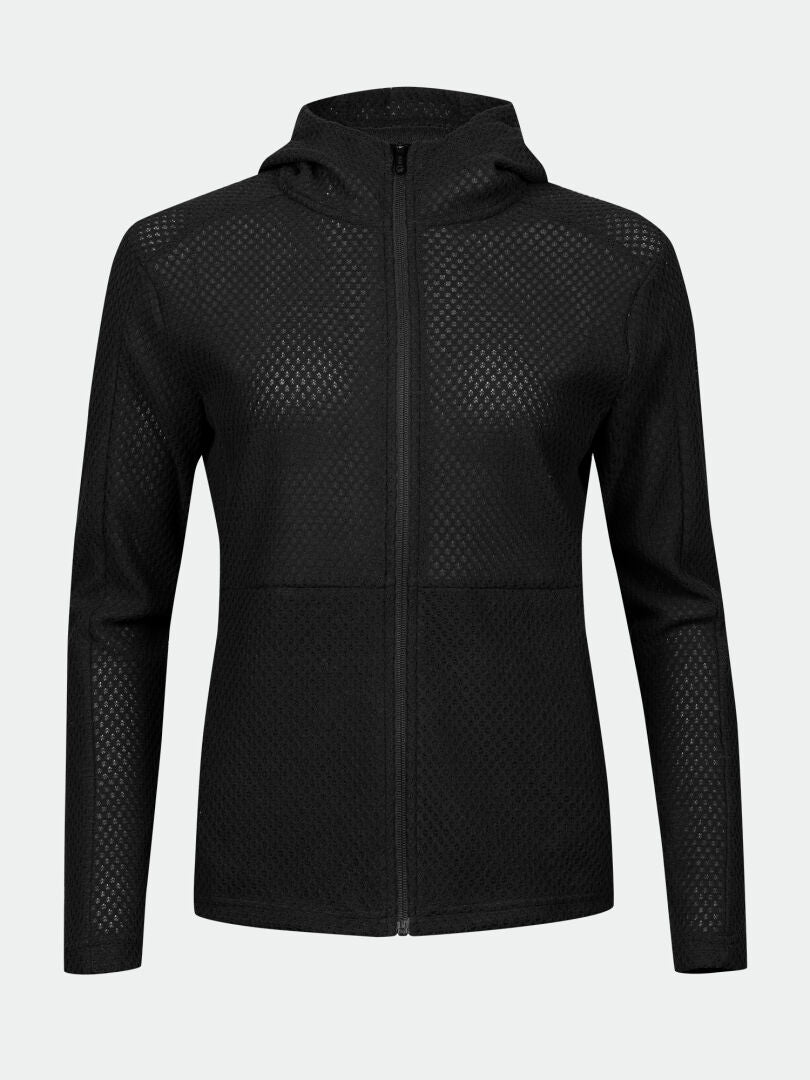Halti Ultramove Midlayer Damen in Schwarz mit atmungsaktiver Netzschicht, Full-Zip, auf grauem Hintergrund gezeigt.