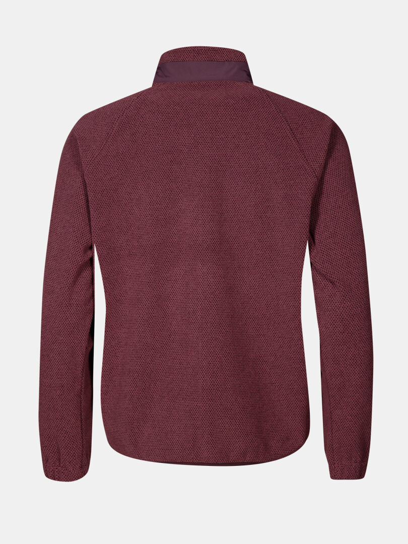 Rückenansicht der kastanienbraunen Halti Soolo Midlayer Jacke Damen, lange Ärmel und Kragen, auf einem einfarbigen hellen Hintergrund.