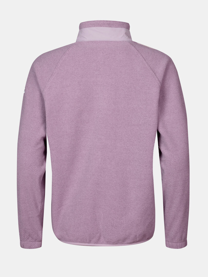 Rückenansicht der Halti Soolo Midlayer Jacke Damen in hellviolett mit hohem Kragen, abgebildet auf einem einfarbig weißen Hintergrund.