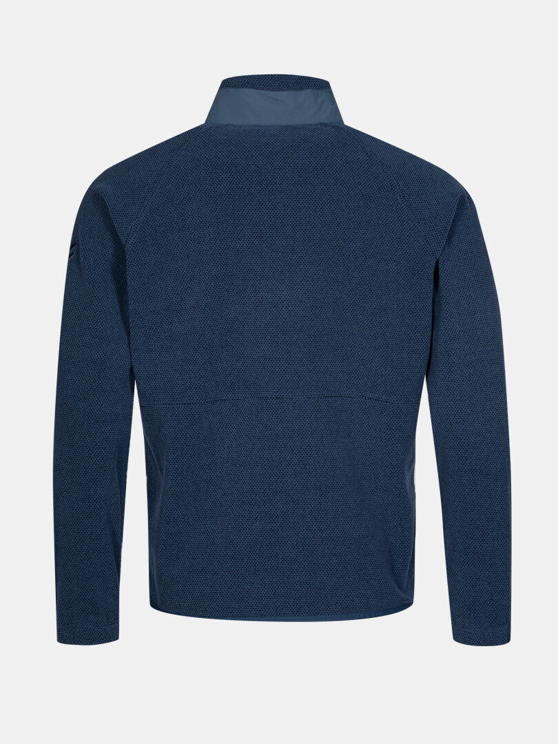 Rückenansicht der Halti Soolo Midlayer Jacke Herren aus dunkelblauem Fleece mit Stehkragen, abgebildet auf weißem Hintergrund.