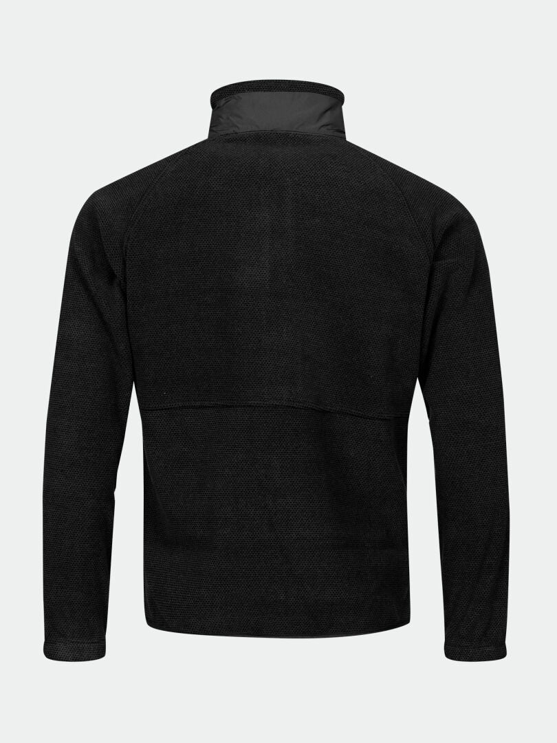 Rückenansicht der Halti Soolo Midlayer Jacke Herren mit hohem Kragen, dargestellt vor einem schlichten hellen Hintergrund.