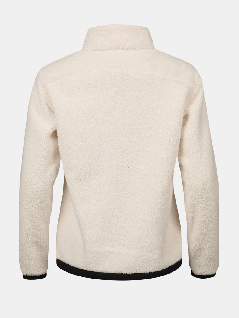Rückseite der Halti Lumista Polar Fleece Jacke Damen in Creme mit hohem Kragen und schwarzem Besatz an Saum und Bündchen.