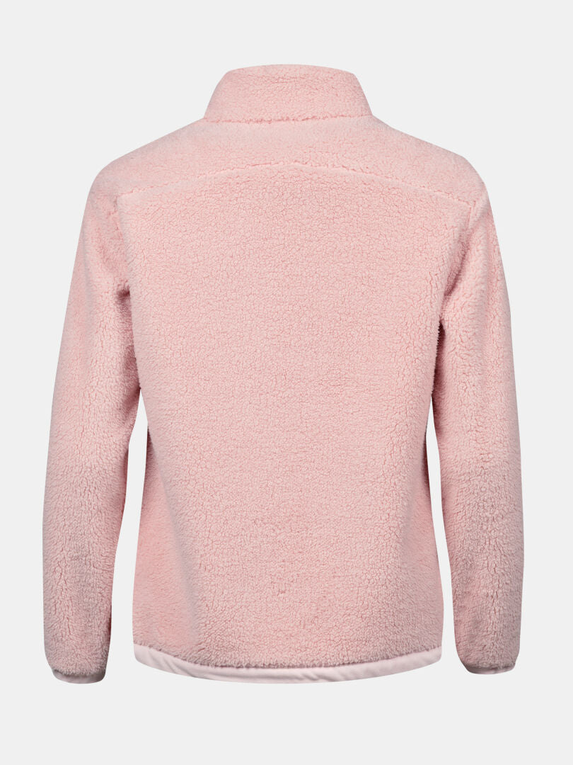 Eine hellrosa Halti Lumista Damen-Polarfleecejacke ist von hinten vor einem schlichten weißen Hintergrund zu sehen.