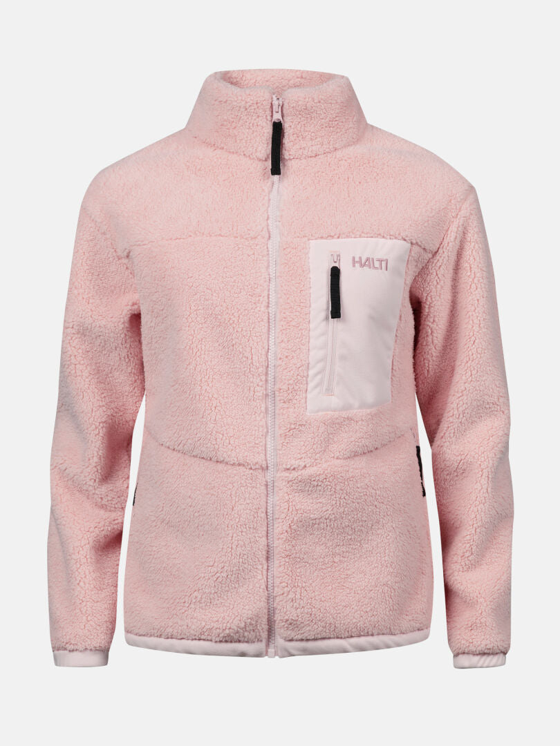 Halti Lumista Fleecejacke für Damen, hellrosa, winddicht, mit Reißverschluss, Brusttasche und Logo – ideal zum Wandern.
