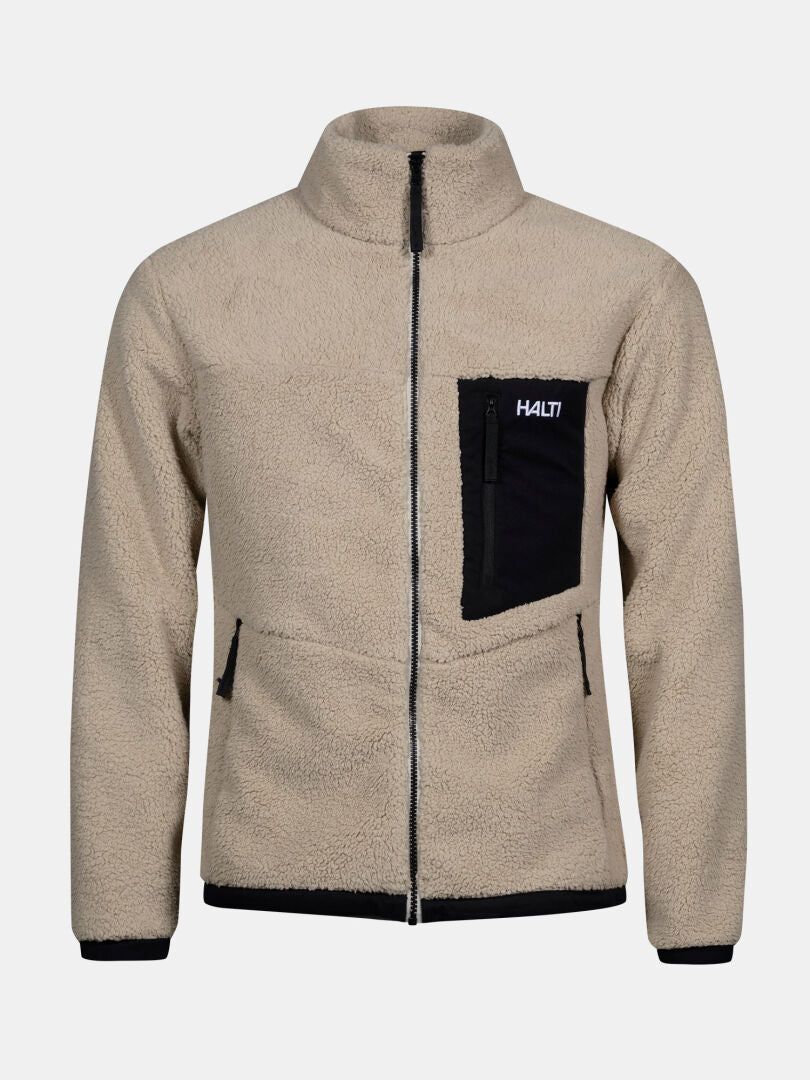 Halti Lumista Polar Fleece Jacke Herren, beige, winddicht, mit schwarzem Besatz, 2 Taschen & Logo auf der Brust.