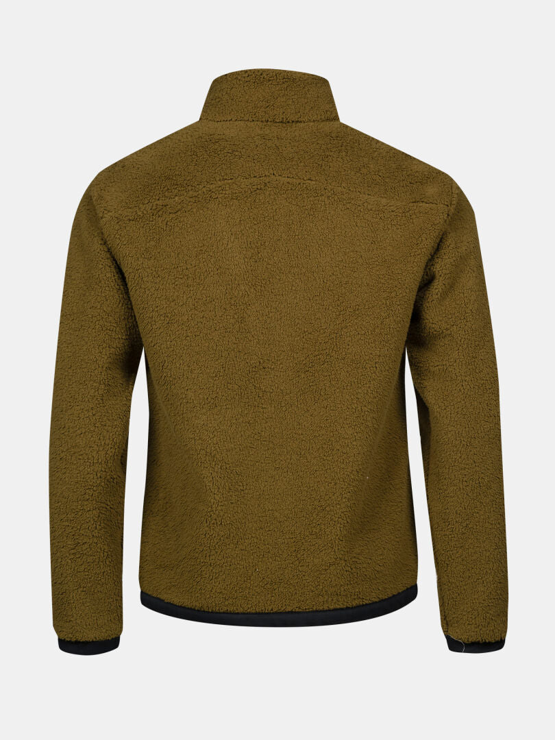 Die Halti Lumista Polar Fleece Jacke Herren, braun, winddicht, von hinten auf grauem Hintergrund gezeigt.