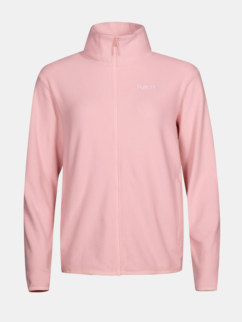 Die Halti Rockmoon Fleecejacke Damen in hellrosa, mit langen Ärmeln und hohem Kragen, ist ideal für Outdoor-Aktivitäten.