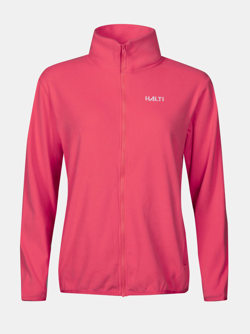 Die Rockmoon Fleecejacke Damen von Halti ist rosa und hat lange Ärmel, einen Stehkragen und ein Logo auf der linken Brust.
