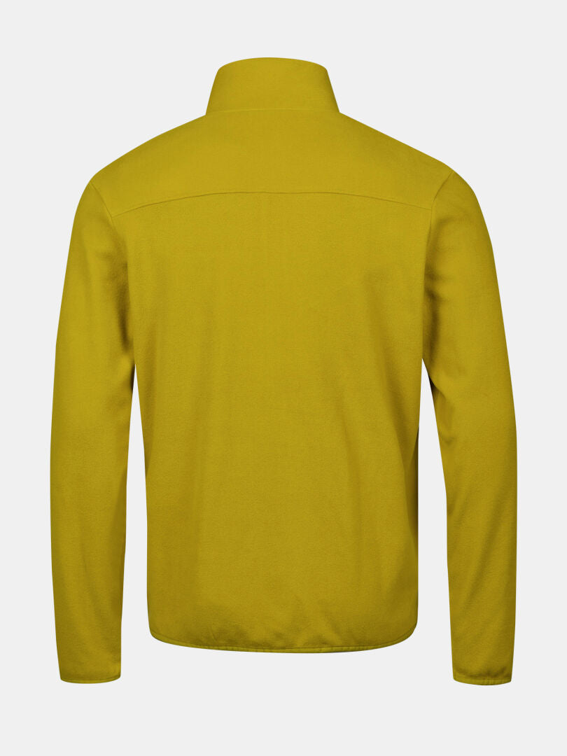 Rückenansicht der gelben Halti Rockmoon Fleecejacke Herren mit Stehkragen, ideal für Outdoor-Aktivitäten.