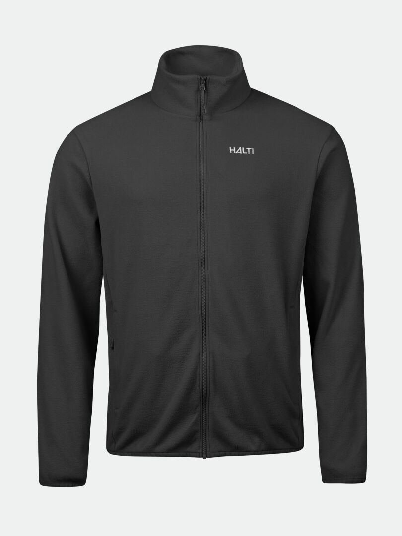 Die Halti Rockmoon Fleecejacke Herren ist ein schwarzer Zip-up mit langen Ärmeln, hohem Kragen und Logo - ideal für den Einsatz im Freien.